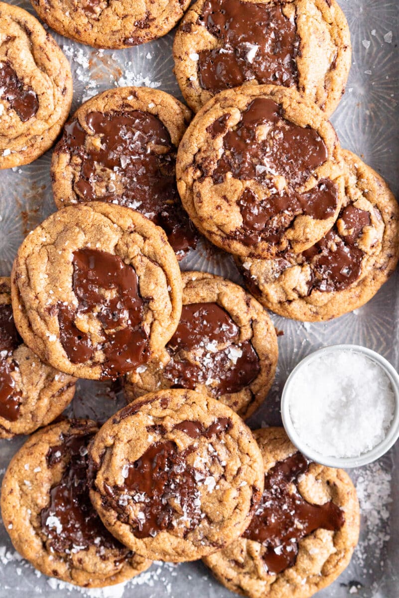 close up chocolate chip cookies with puddles