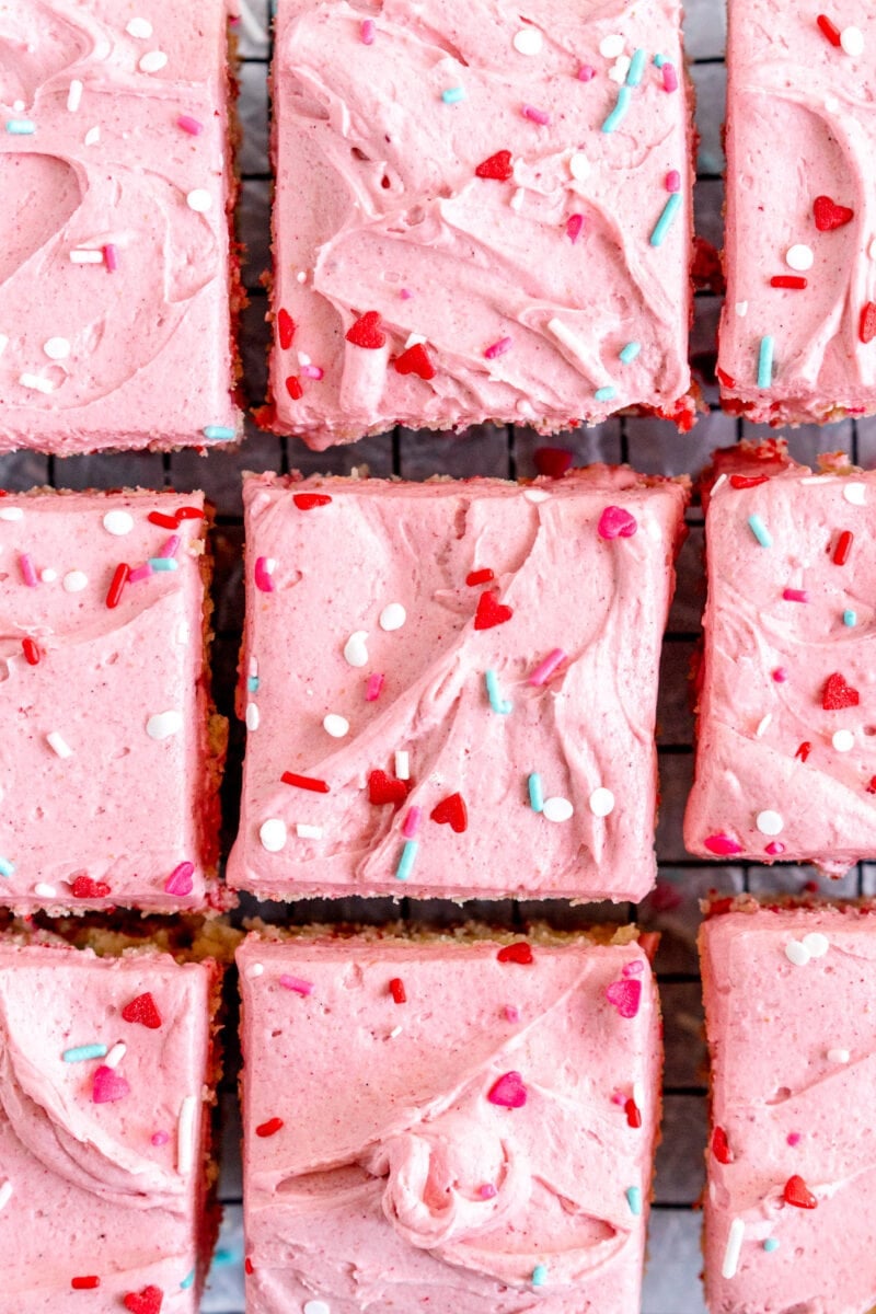 cut shot of funfetti snack cake with raspberry buttercream