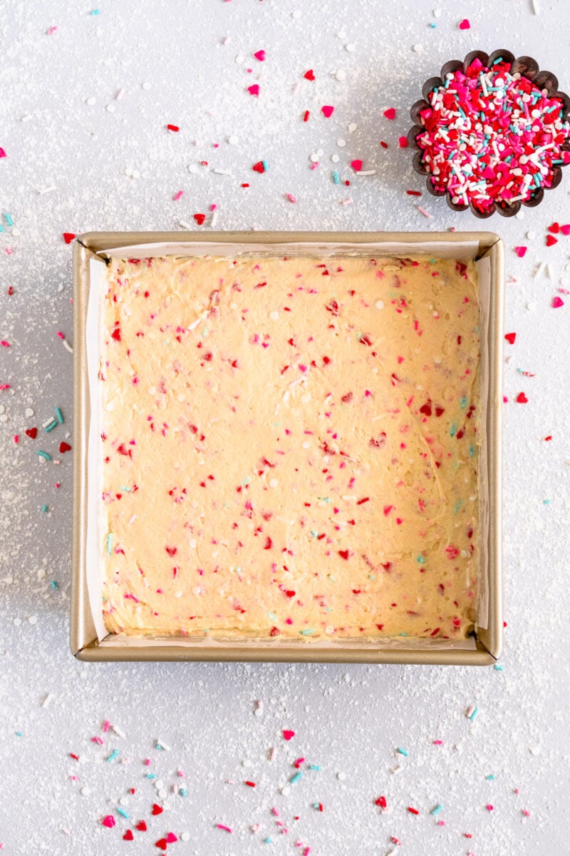 funfetti snack cake in pan ready to bake
