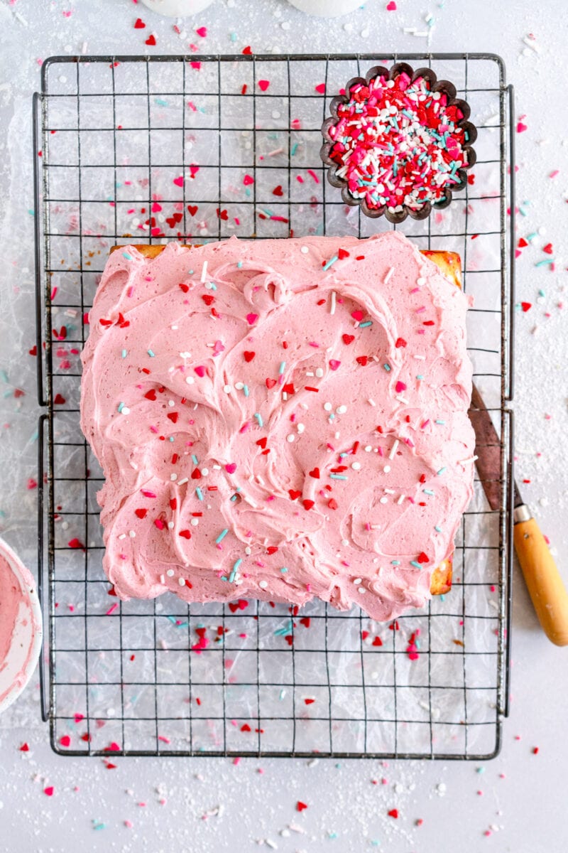 frosted funfetti snack cake with sprinkles