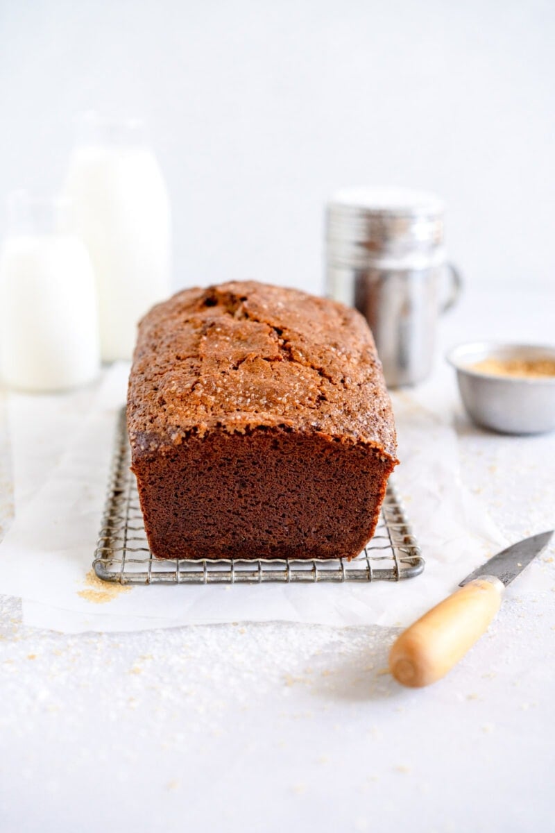 side on shot of loaf of banana bread