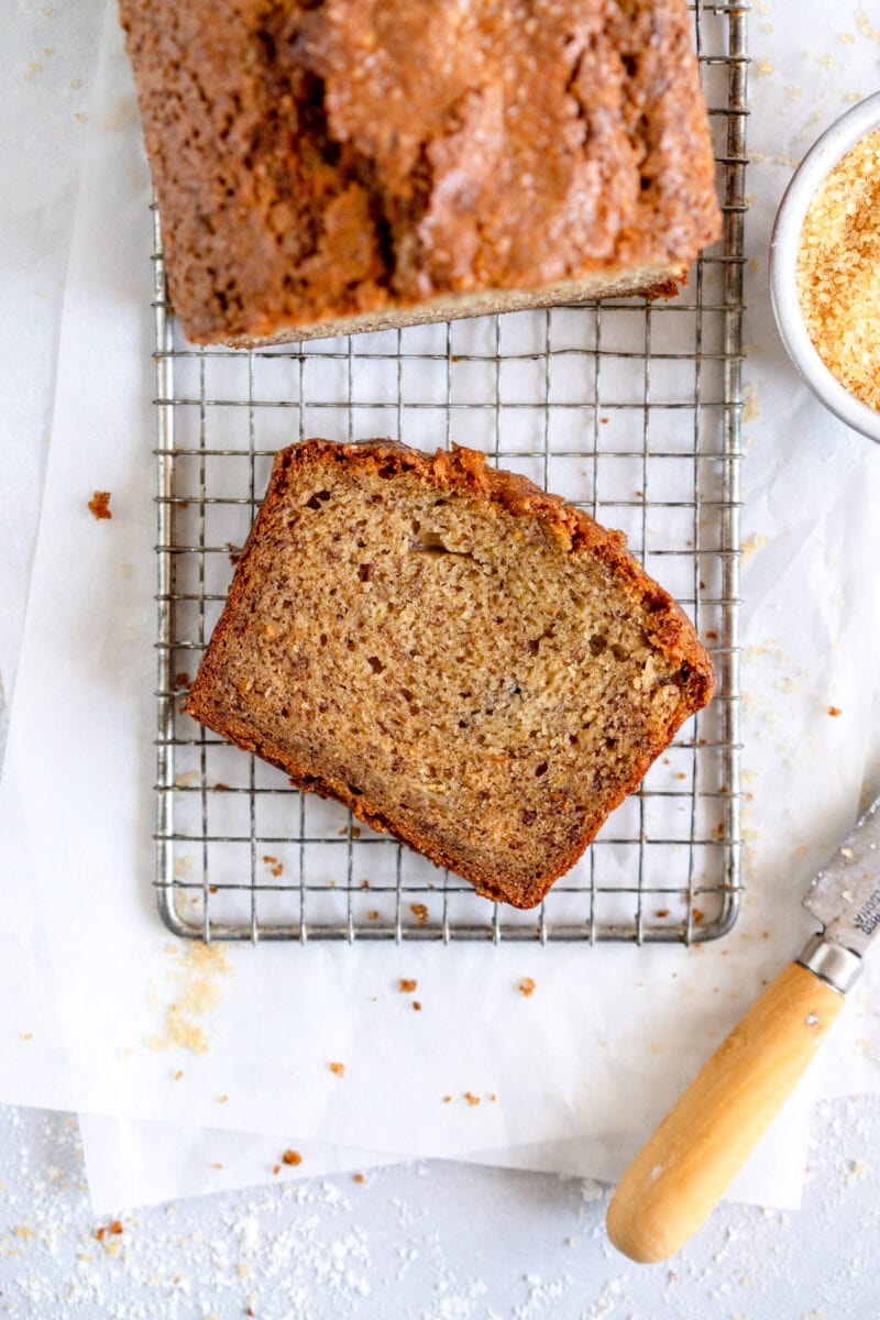 top down shot of slice of banana bread