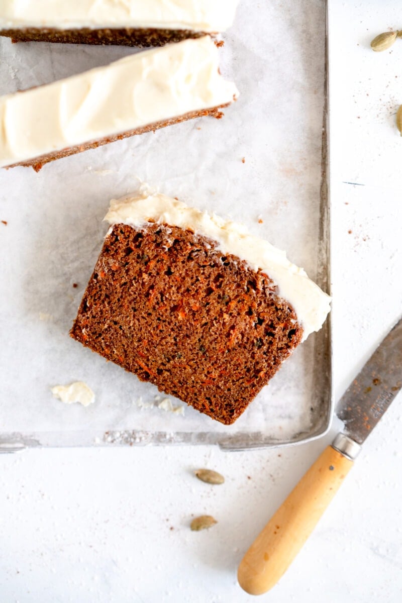 Slice of Carrot Loaf cake with frosting