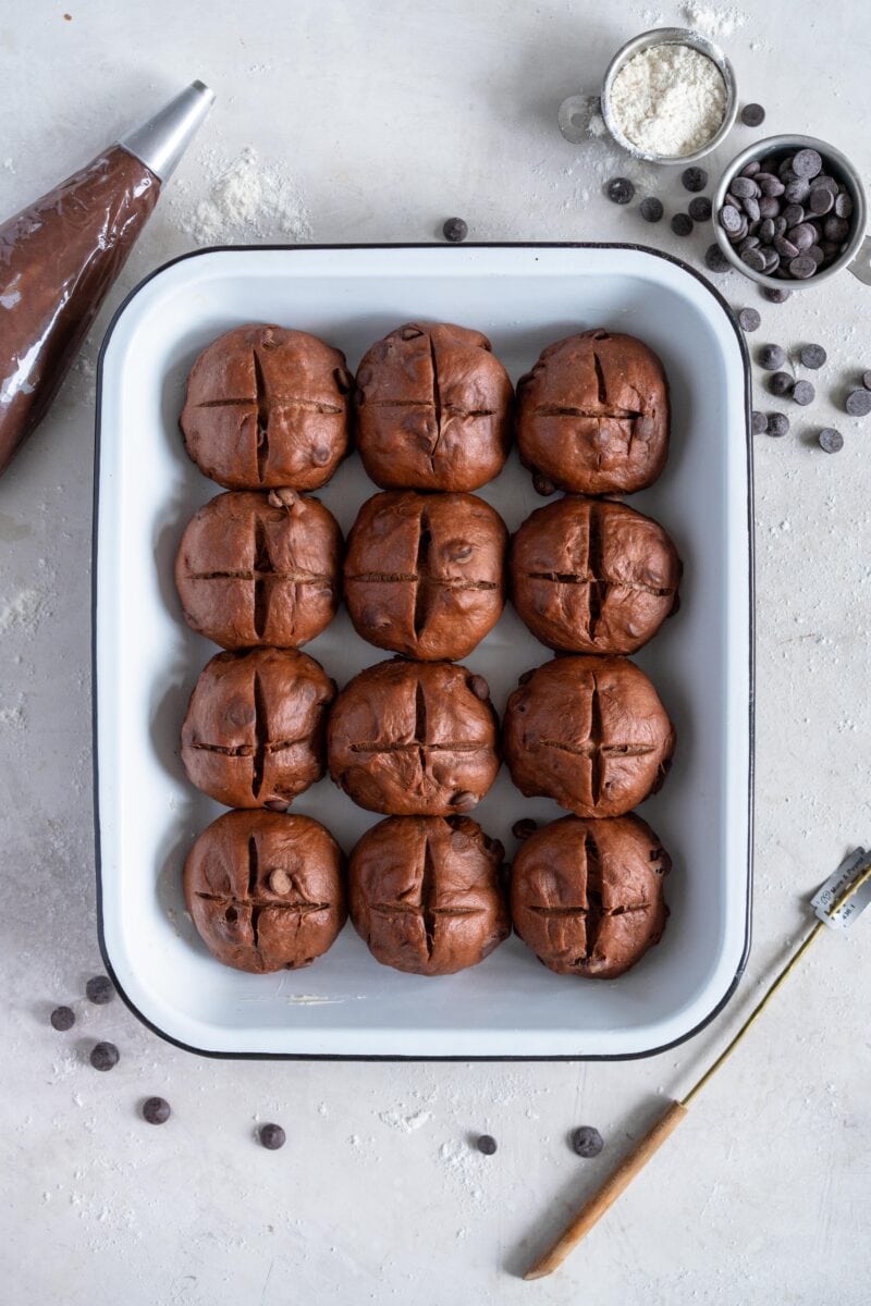 chocolate hot cross buns ready to bake