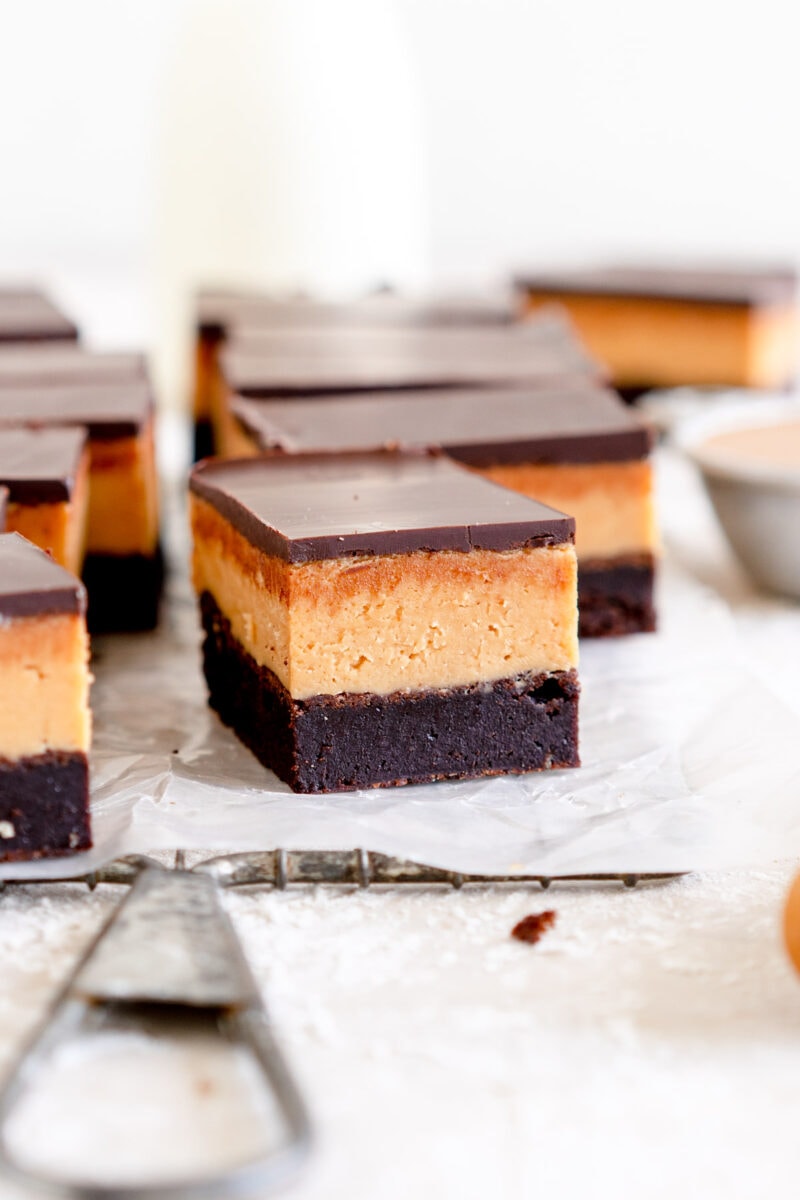 Close up shot of peanut butter brownie bars