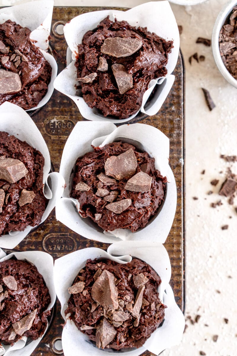 side shot of unbaked muffin batter