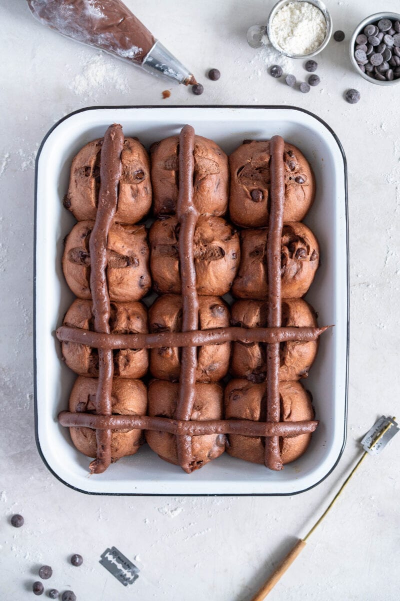 chocolate hot cross buns with cross