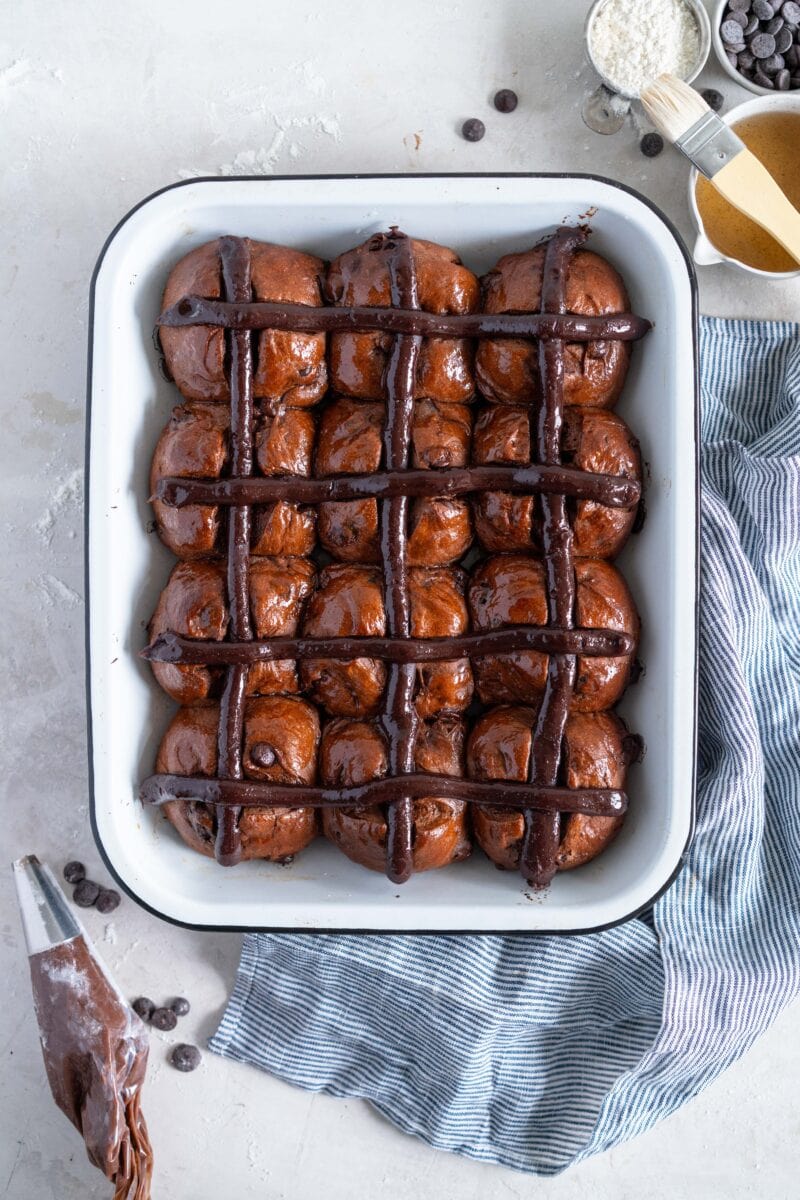 chocolate hot cross buns ready to serve