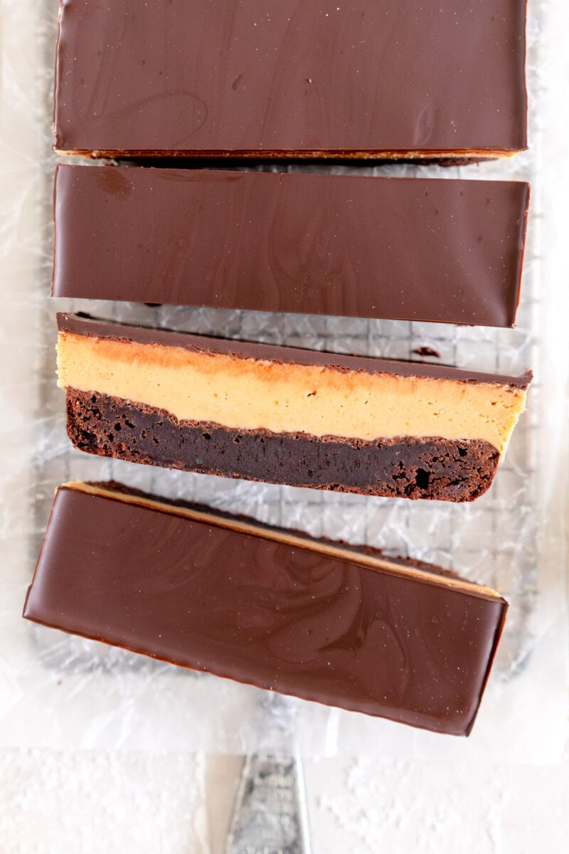 top down shot of slice of peanut butter brownie bar