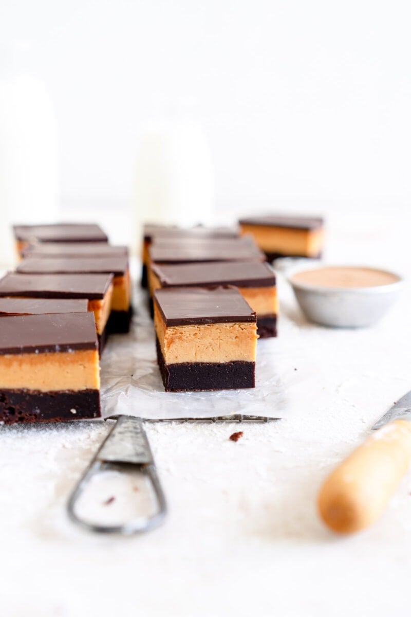 side shot of peanut butter brownie bars edge
