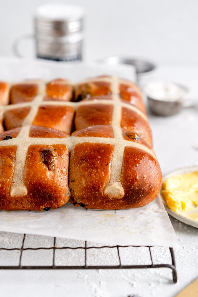 side on shot baked hot cross buns