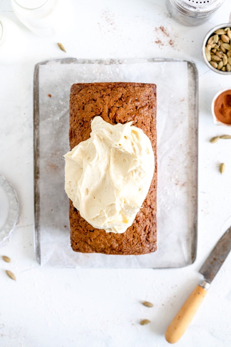 top down shot carrot loaf cakew ith frosting