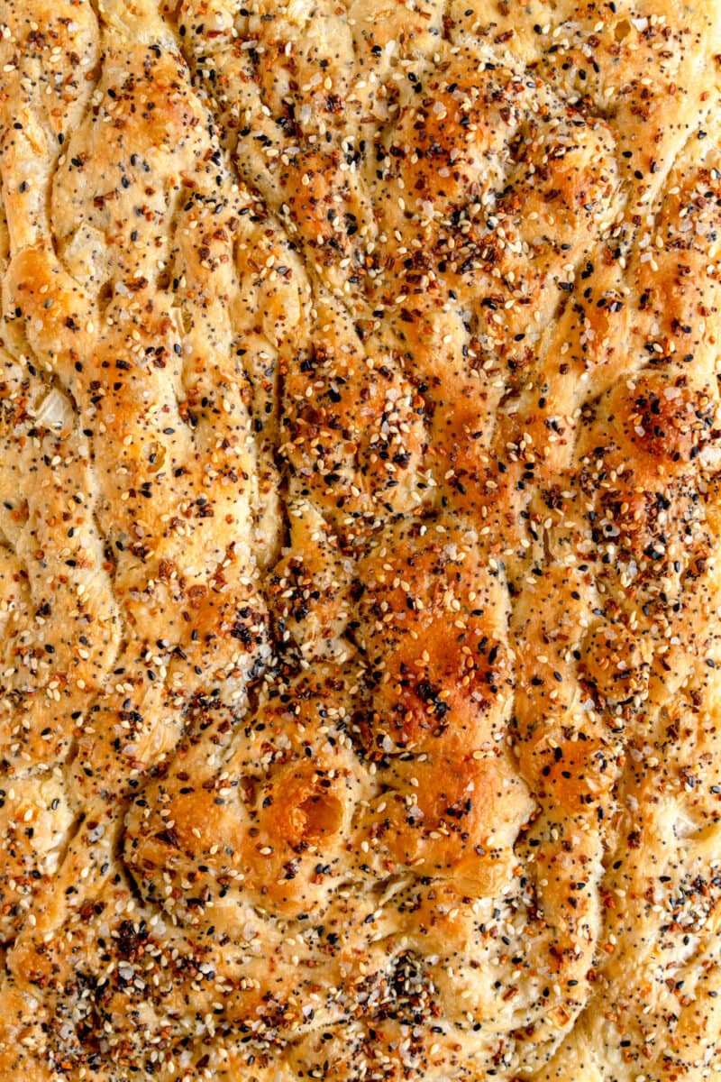close up baked everything bagel focaccia