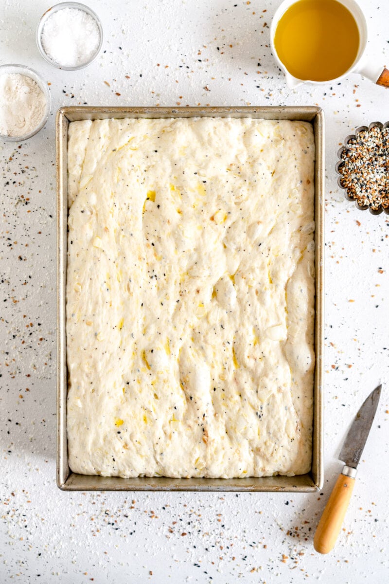 everything bagel focaccia ready to bake