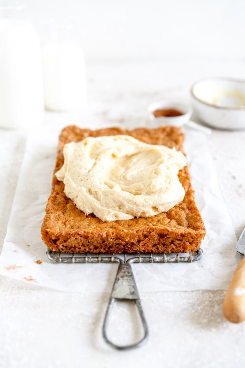 angle shot carrot cake with brown butter cream cheese frosting