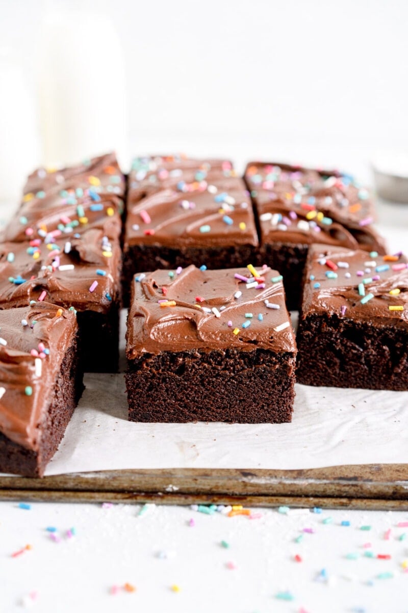 side on crumb shot devil's food cake