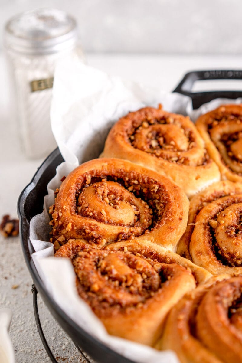 close up baked cinnamon roll
