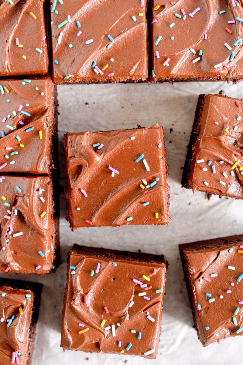 cut shot chocolate sheet cake