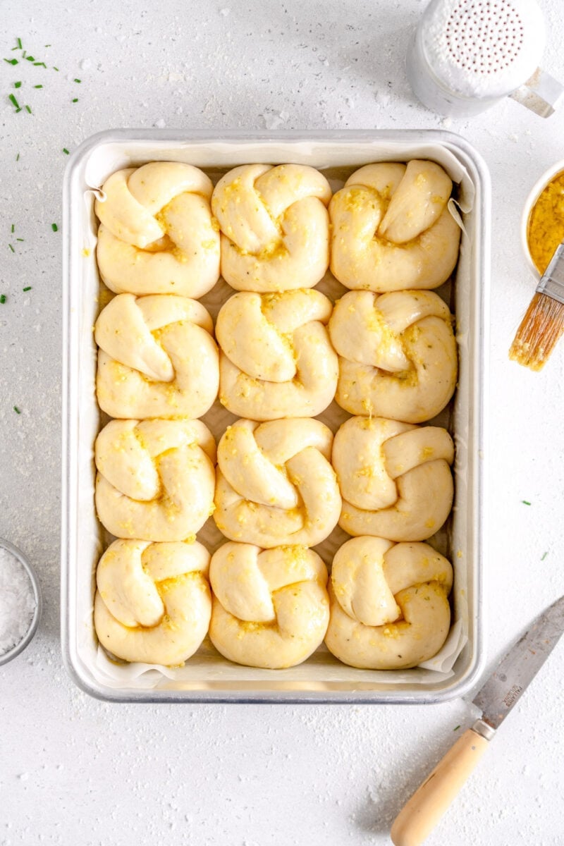 garlic knots brushed with garlic butter