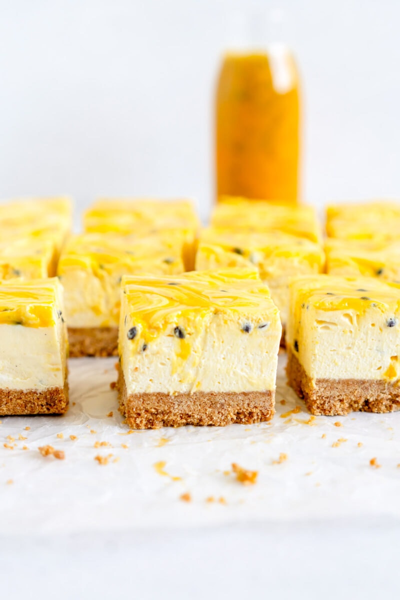 side shot cheesecake with passionfruit curd