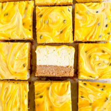 cut shot passionfruit cheesecake