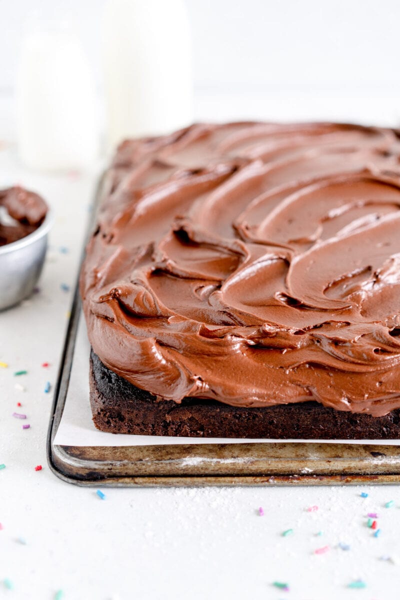 corner shot chocolate frosting on cake