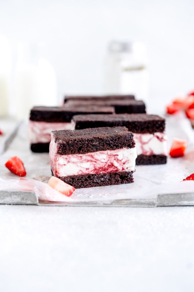 side on shot brownie ice cream sandwiches with bite taken out