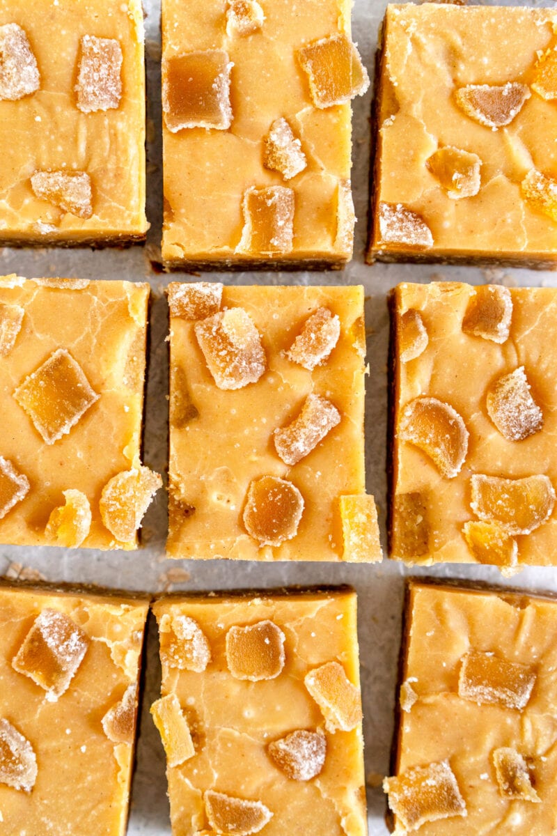 close up shot of ginger crunch with candied ginger topping