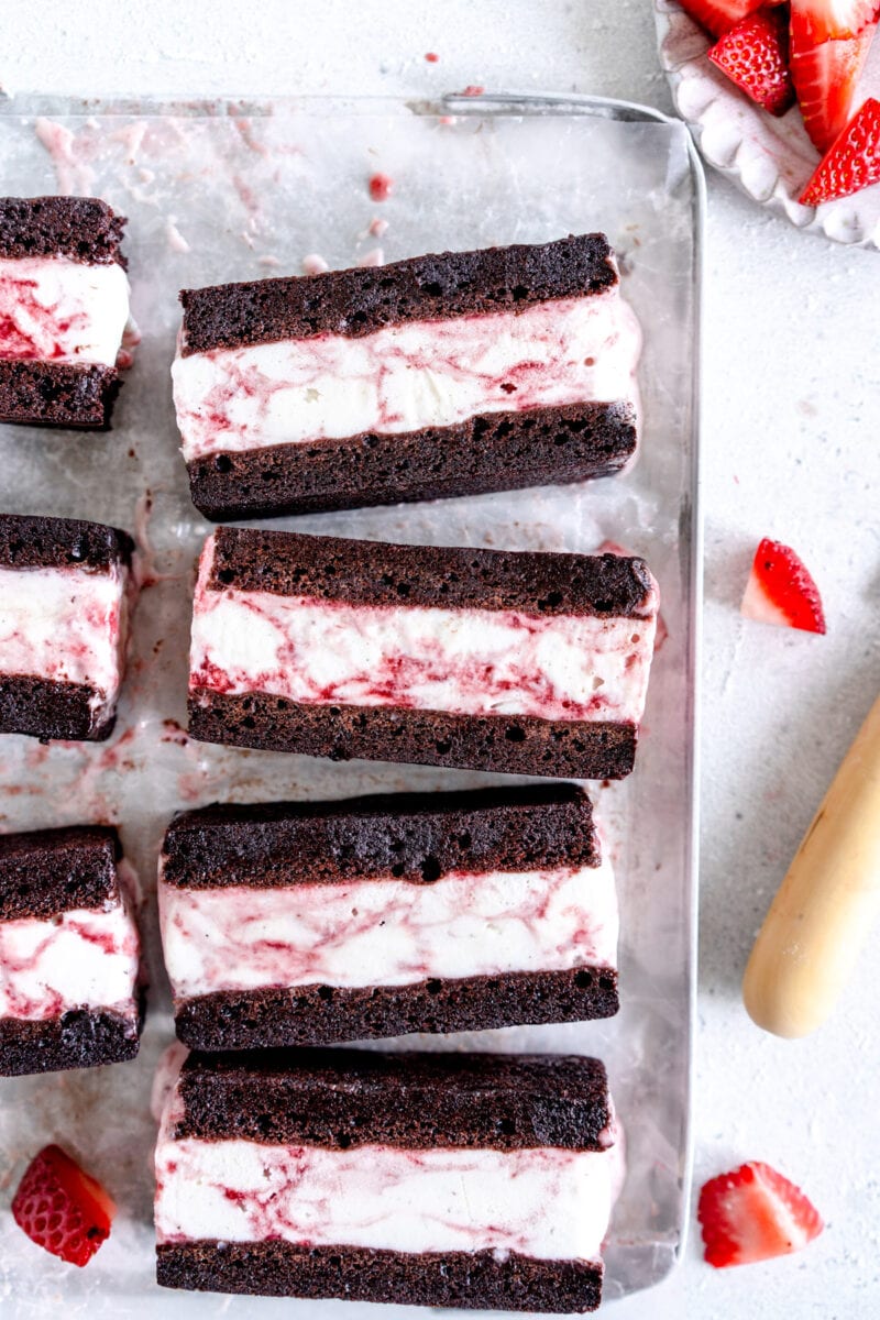 brownie ice cream sandwiches on wax paper