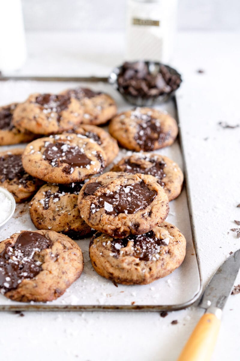 stacked angle shot of chocolate chip cookies