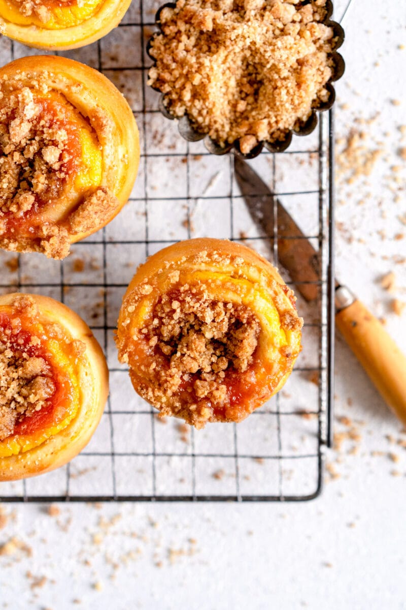 top down shot of rhubarb streusel buns