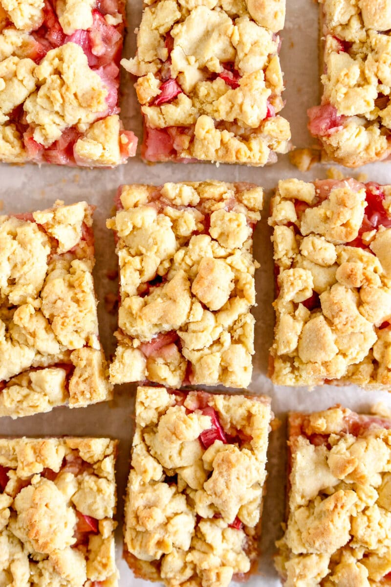 close up cut rhubarb shortcake bars