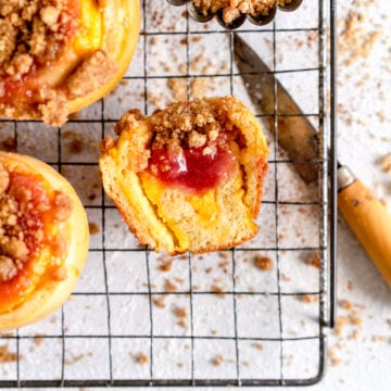 cut open shot of rhubarb custard bun