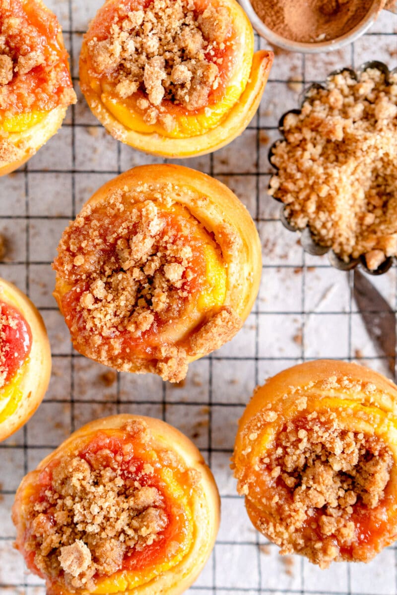 rhubarb custard bun on wire rack
