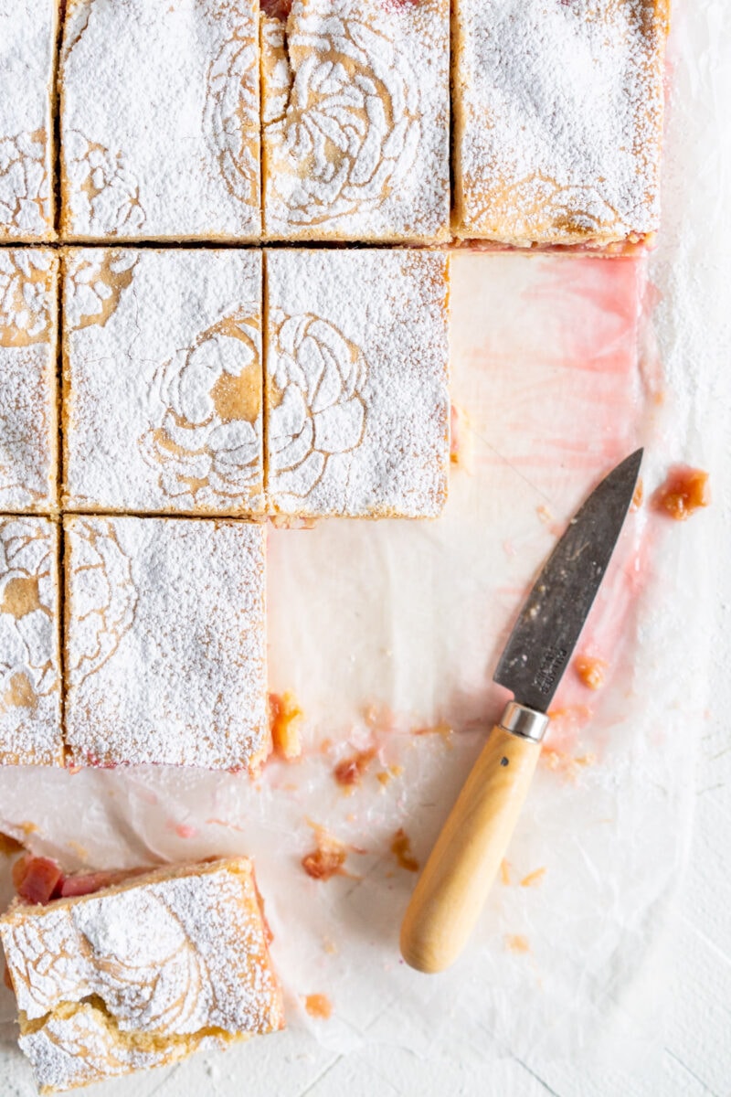 top down image of cut rhubarb shortcake bars