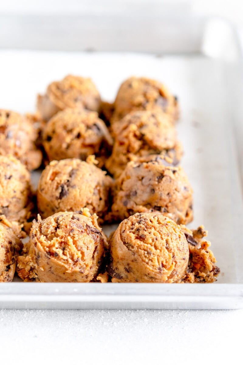 side on shot of cookie dough balls