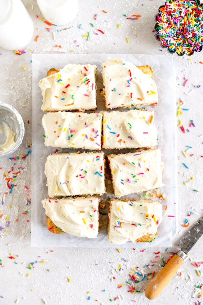 sliced up mini funfetti sheet cake