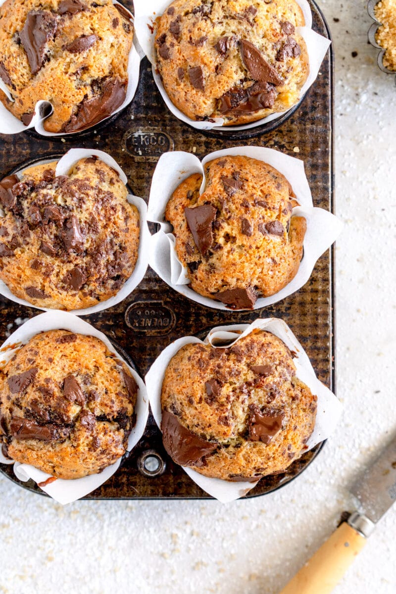 muffins with chocolate chunks in muffin pan