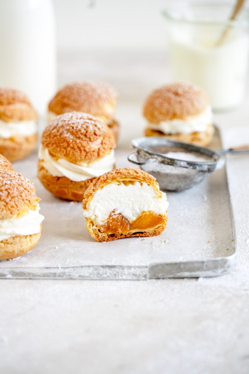 sliced cream puff on tray