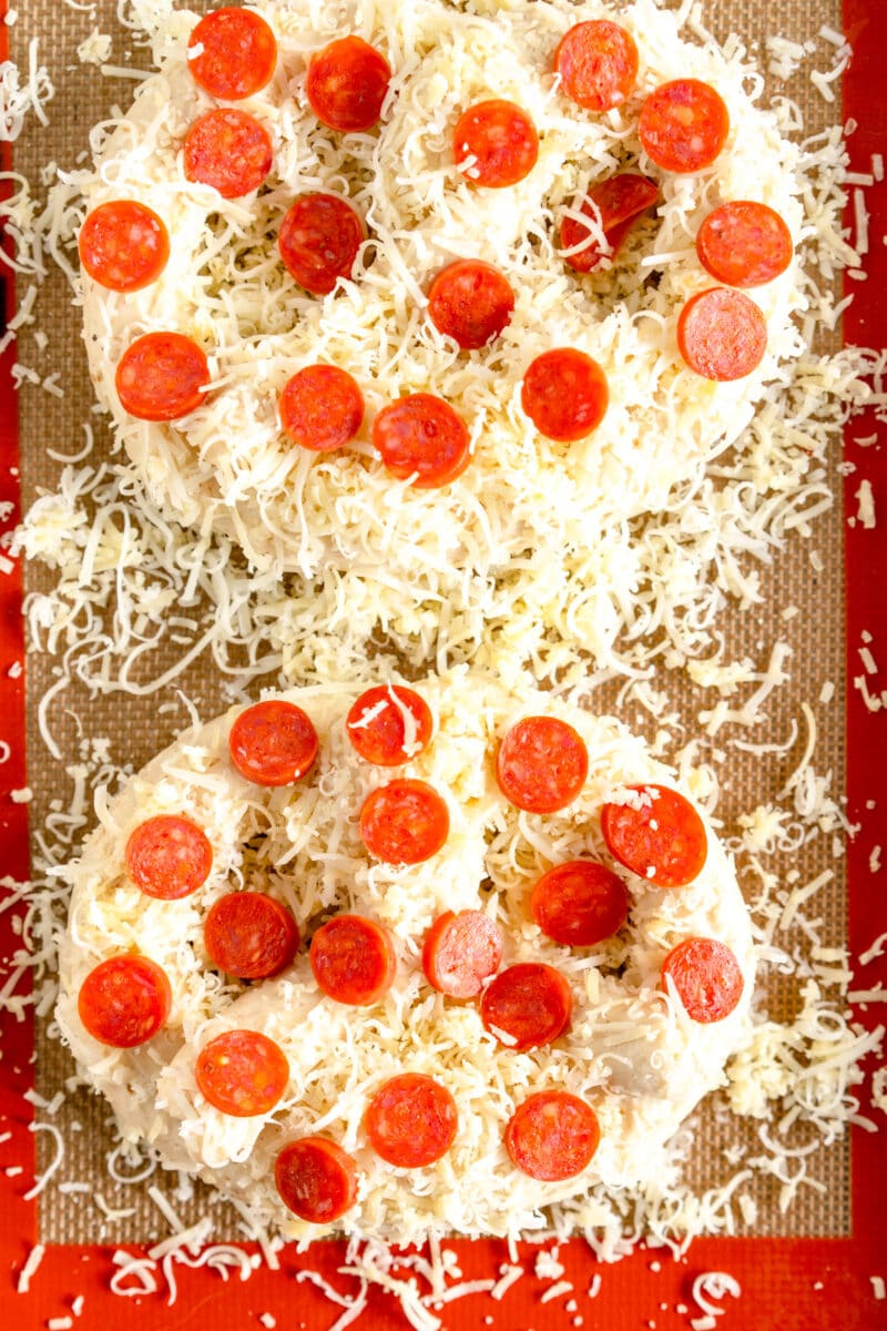 pepperoni and cheese pretzel ready for oven