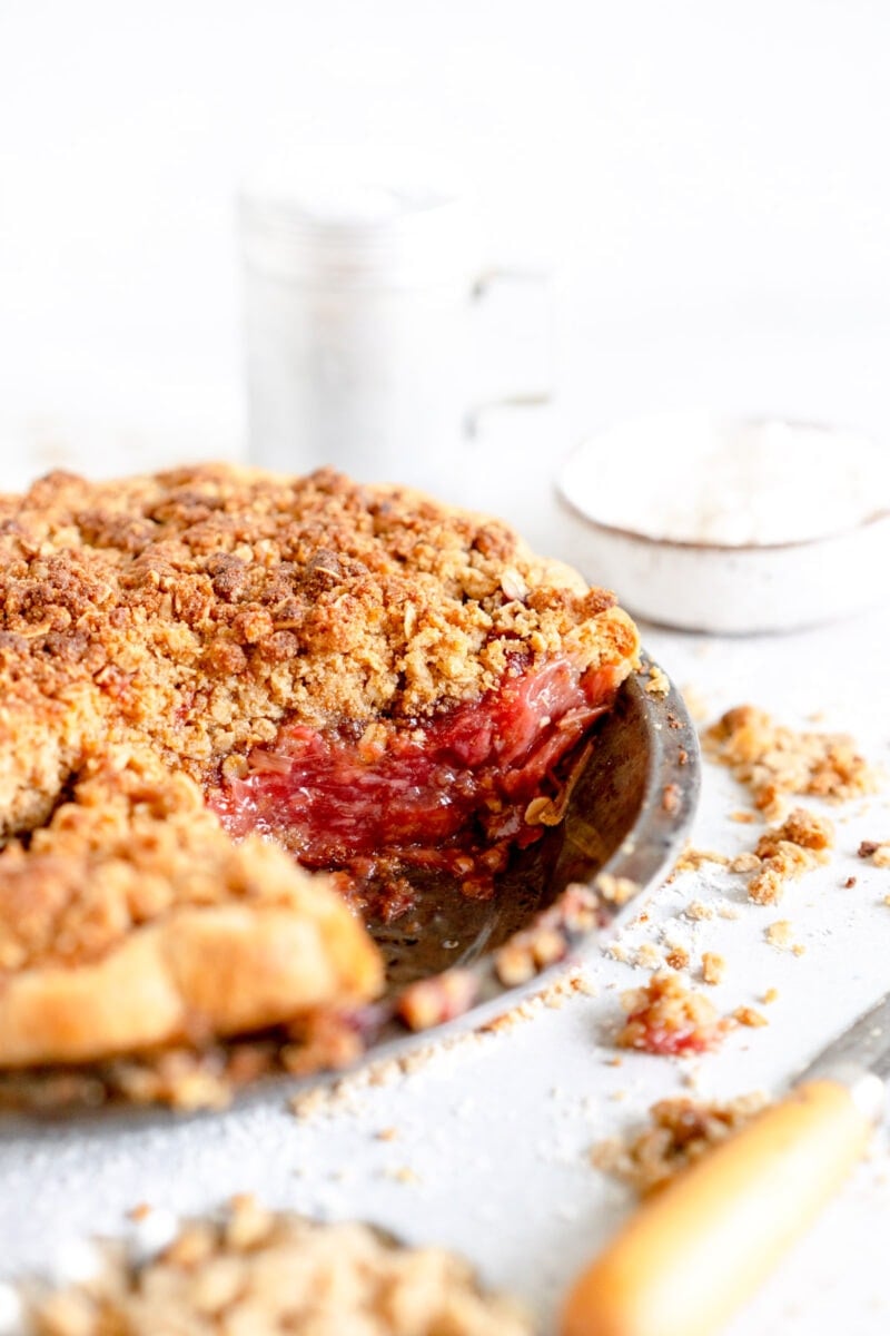 side shot of strawberry rhubarb pie