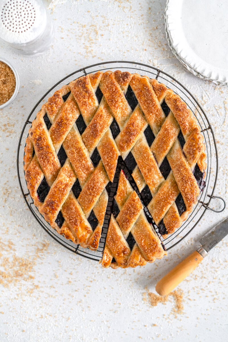blueberry crostata with slice taken out