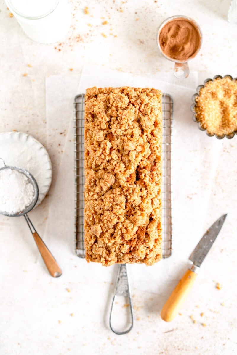 top down shot of zucchini streusel bread