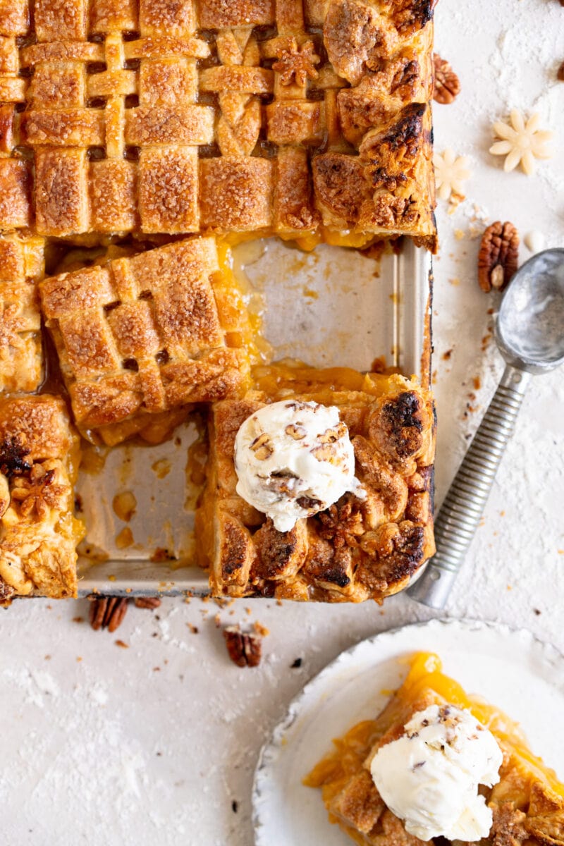 top down peach pie with ice cream