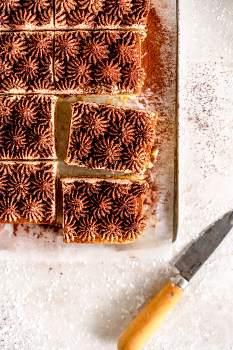 top down cut shot of tiramisu snack cake 