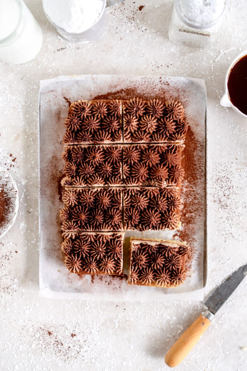 top down shot of tiramisu sheet cake