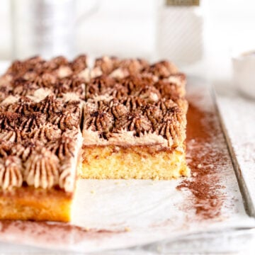 side cut shot of tiramisu sheet cake