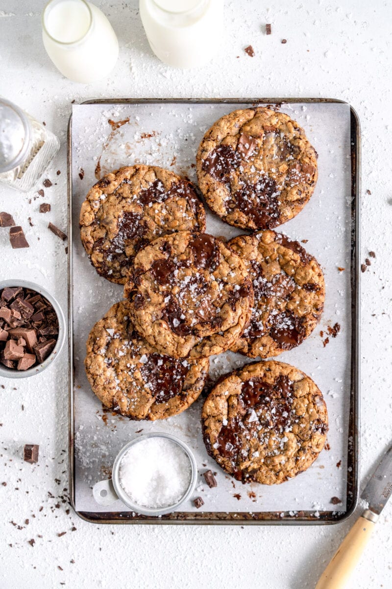 sheet pan with oatmeal chocolate chip cookies