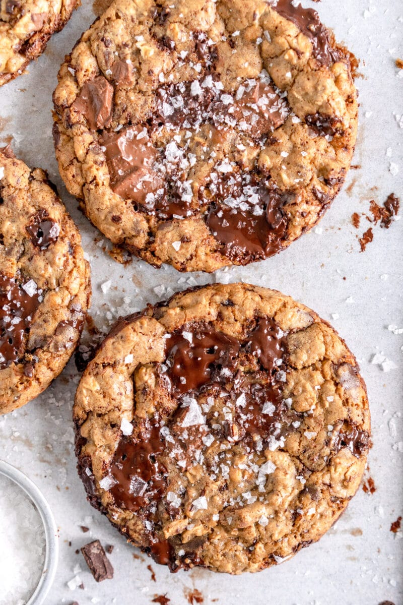 close up corner of oatmeal chocolate chip cookies