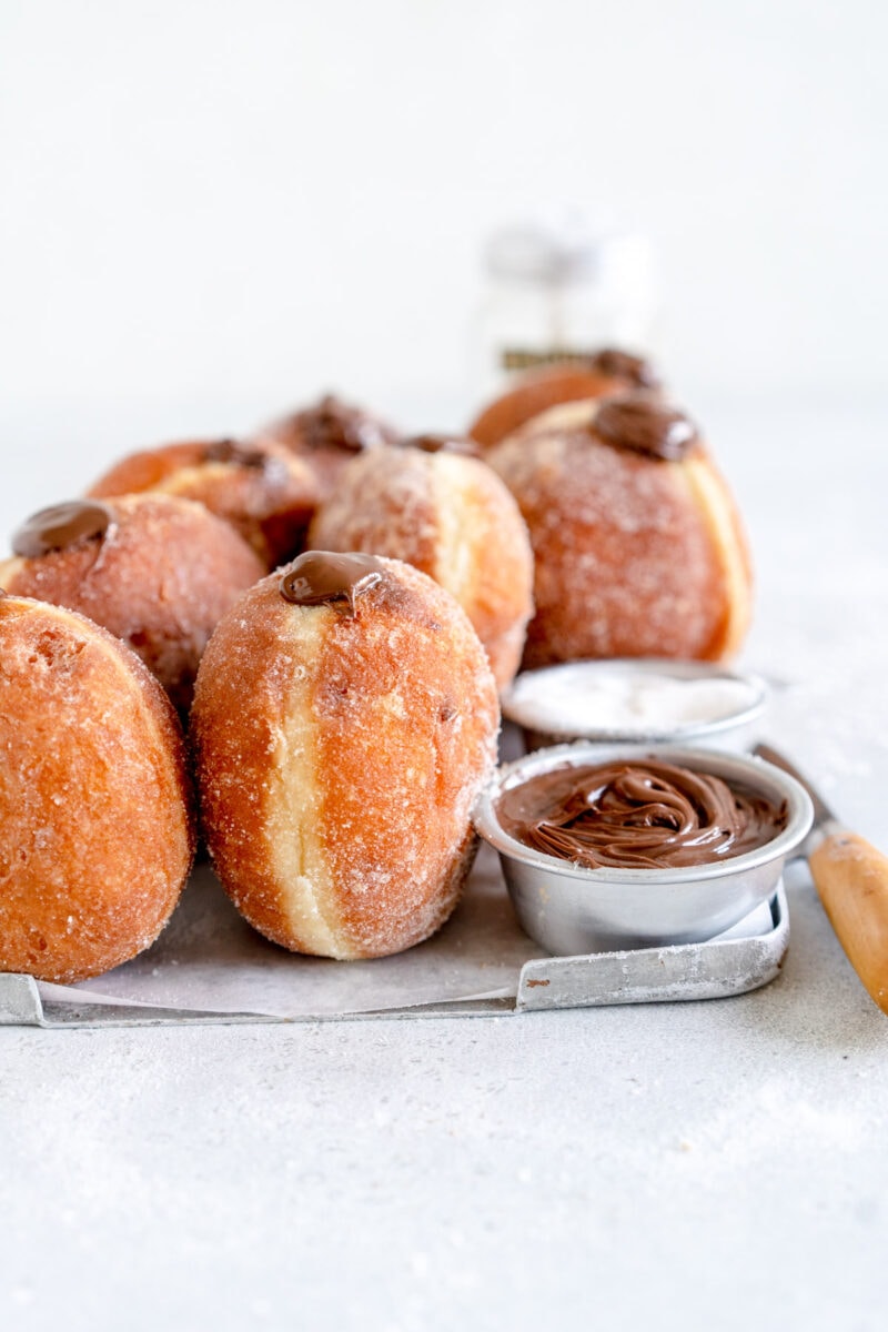 side on shot nutella donuts on pan